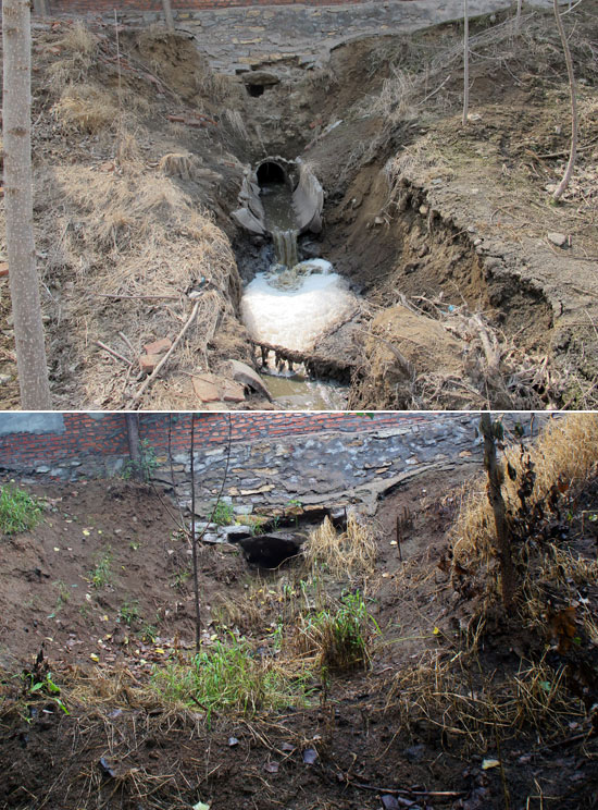 下图为7月12日拍摄的原排污渠已被泥土所掩盖。（人民网记者 翁奇羽 摄）