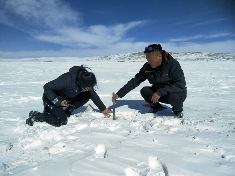 青海省玉樹州氣象局工作人員在雪地中觀測積雪